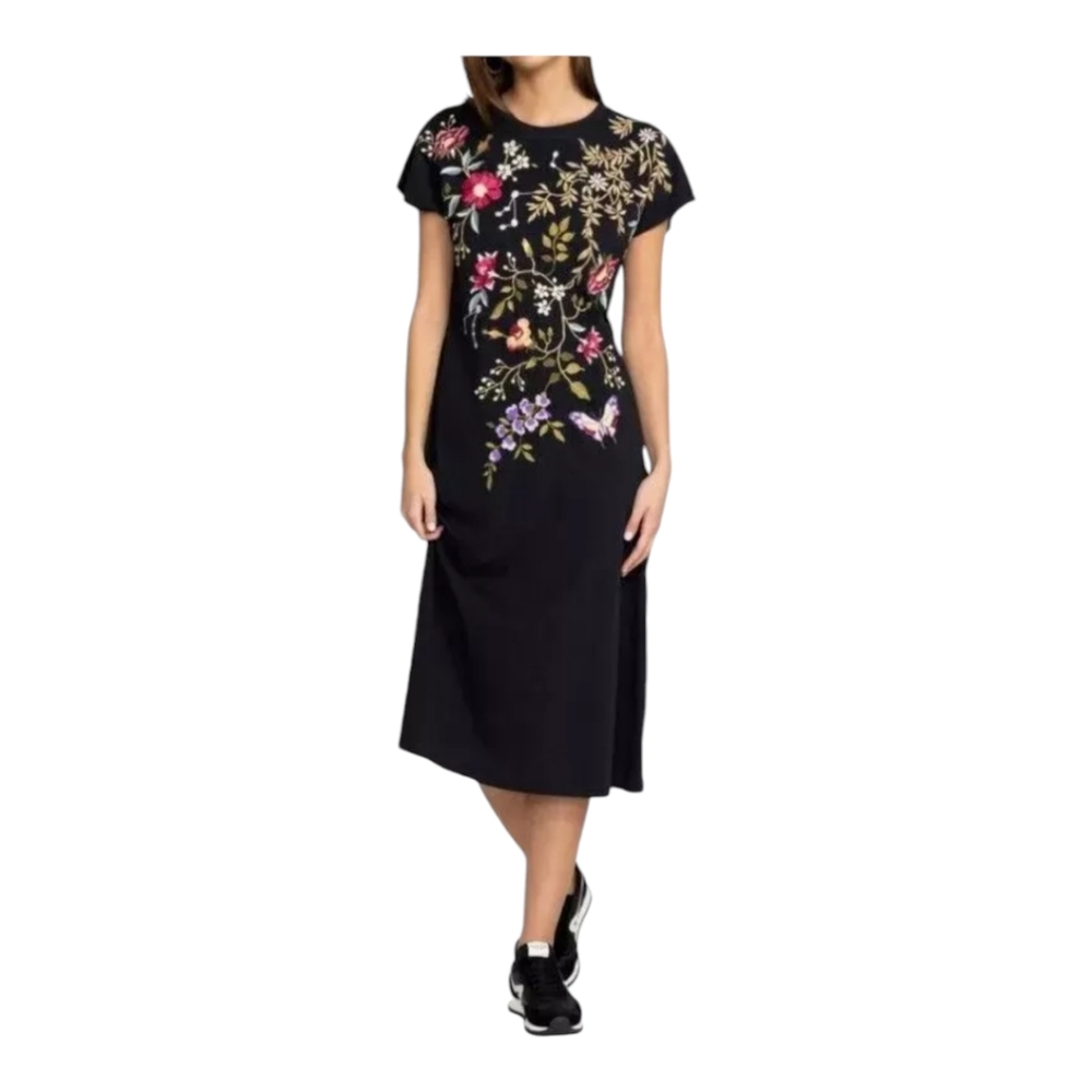 Johnny Was Osaka Dolman Sleeve Knit Dress Embroidered Black Floral